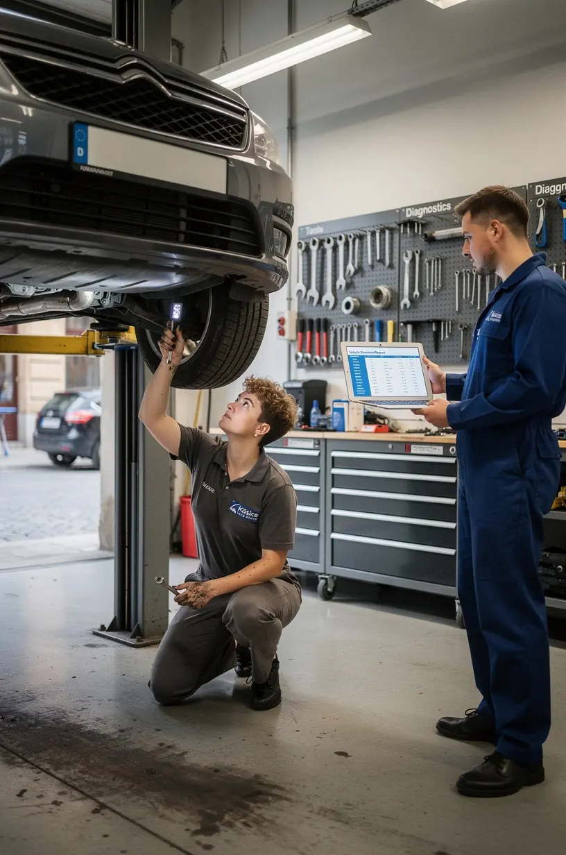 Mechanik kontroluje funkčnosť svetiel a brzdového systému na aute.